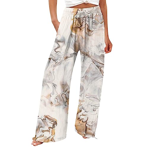 Hosen Damen Baggy,Palazzo Hose Damen Sommer Hosen Für Damen Flowy Sommer Hohe Taille Weites Bein Print Hose Casual Hosen Culottes Damen Laufhose Gestreift Damen Stoffhose Sommer(Beige,S) von Generisch