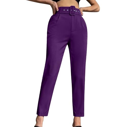 Hosen Damen High Waist Anzughose Gerades Bein Slim Fit Stoffhose Business Casual Chino Hose Frauen Mit Gürtel Hose Elegant Schlupfhose Einfarbig Freizeithose 4#Lila L von Generisch
