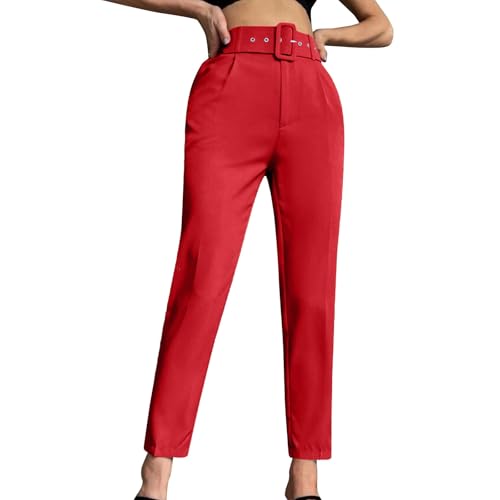 Hosen Damen High Waist Anzughose Gerades Bein Slim Fit Stoffhose Business Casual Chino Hose Frauen Mit Gürtel Hose Elegant Schlupfhose Einfarbig Freizeithose 4#Rot XXL von Generisch