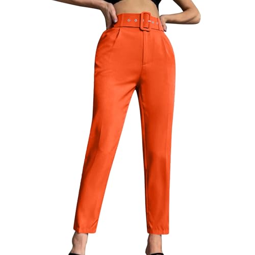 Hosen Damen High Waist Anzughose Gerades Bein Slim Fit Stoffhose Business Casual Chino Hose Frauen Mit Gürtel Hose Elegant Schlupfhose Einfarbig Freizeithose 4#Safran S von Generisch