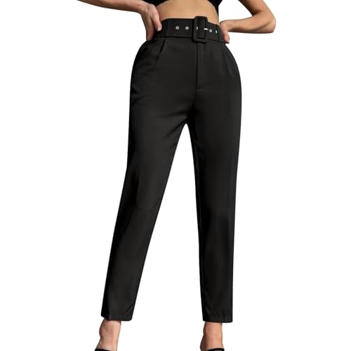 Hosen Damen High Waist Anzughose Gerades Bein Slim Fit Stoffhose Business Casual Chino Hose Frauen Mit Gürtel Hose Elegant Schlupfhose Einfarbig Freizeithose 4#Schwarz 3XL von Generisch