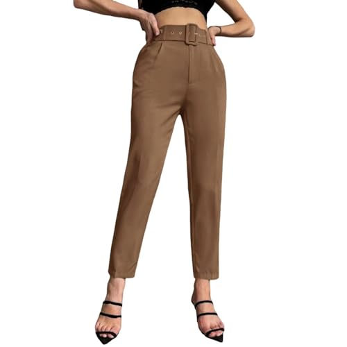 Hosen Damen High Waist Anzughose Gerades Bein Slim Fit Stoffhose Business Casual Chino Hose Frauen Mit Gürtel Hose Elegant Schlupfhose Einfarbig Freizeithose 5#Braun M von Generisch