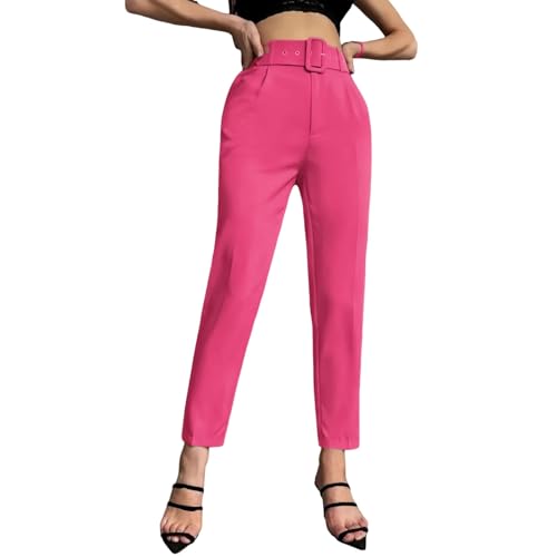 Hosen Damen High Waist Anzughose Gerades Bein Slim Fit Stoffhose Business Casual Chino Hose Frauen Mit Gürtel Hose Elegant Schlupfhose Einfarbig Freizeithose 5#Knalliges Pink M von Generisch
