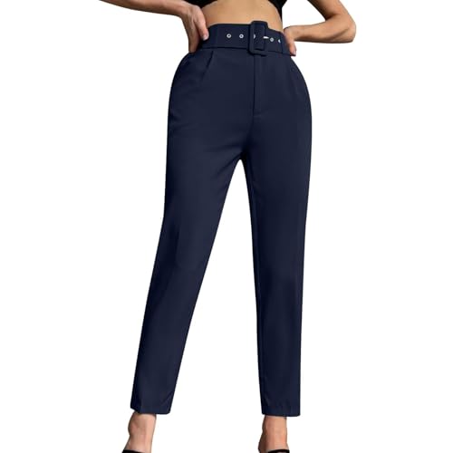 Hosen Damen High Waist Anzughose Gerades Bein Slim Fit Stoffhose Business Casual Chino Hose Frauen Mit Gürtel Hose Elegant Schlupfhose Einfarbig Freizeithose 5#Marine XXL von Generisch