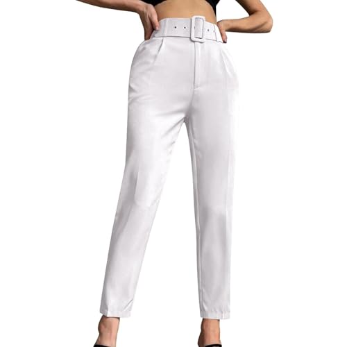 Hosen Damen High Waist Anzughose Gerades Bein Slim Fit Stoffhose Business Casual Chino Hose Frauen Mit Gürtel Hose Elegant Schlupfhose Einfarbig Freizeithose 5#Weiß XL von Generisch