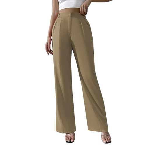 Hosen Damen High Waist Anzughose Gerades Bein Slim Fit Stoffhose Business Casual Chino Hose Frauen Mit Gürtel Hose Elegant Schlupfhose Einfarbig Freizeithose 6#Khaki M von Generisch