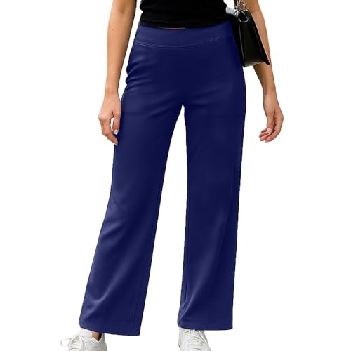 Hosen Damen Leichtgewicht Elastisch High Waist Yogahose Female Stoffhose mit Weitem Beinschnitt Bequeme Business Freizeithose mit Taschen (DE/NL/SE/PL, Alphanumerisch, L, Regular, Regular, Blau) von Generisch