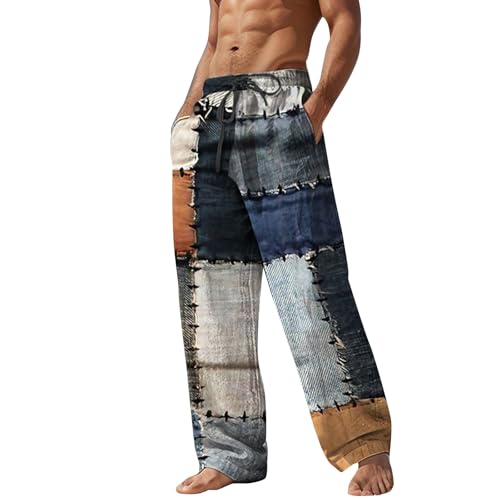 Hosen Herren Atmungsaktive Sommer Leinenhose Patchwork Leichte Freizeithose Unregelmäßiges Muster Gerade Hose Weite Kordelzug Strandhose Luftige Reise Outdoorhose Alltag Streetstyle Sommerhose von Generisch