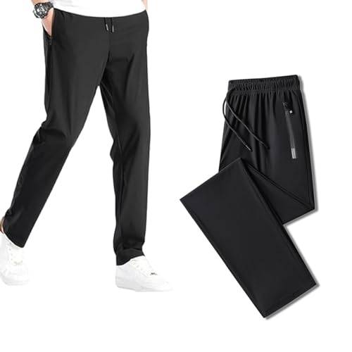Hosen Herren Stretch mit Reißverschlusstaschen, Eisseide Atmungsaktiv High Stretch Schnelltrocknende Hose, Leicht und dünn Relaxing Hose Herren Jogginghose Sporthose(Farbe:Black Straight,Größe:8XL) von Generisch