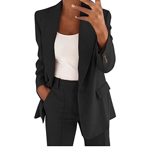 Hosenanzüge Für Damen Business Elegant Blazer Anzug Set Einfarbig Streetwear Zweiteilig Hosenanzug Anzughose Revers Slim Fit Büro Outfit Anzugjacke Sommer Freizeitanzug(Schwarz, M) von Generisch