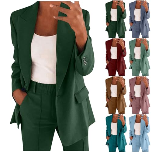 Hosenanzüge für Damen Elegant Blazern Hose Anzuge Set Einfarbig Streetwear Zweiteiler Hosenanzug Business Modern Anzughose Rever Slim Fit Sportlich Büro Outfit Anzugjacke Sommer (001-Green, XXXXL) von Generisch