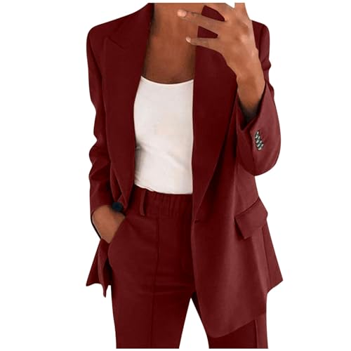 Hosenanzüge für Damen Elegant Blazern Hose Anzuge Set Einfarbig Streetwear Zweiteiler Hosenanzug Business Modern Anzughose Rever Slim Fit Sportlich Büro Outfit Anzugjacke Sommer (01-Red, S) von Generisch