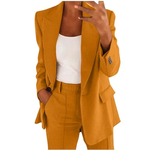Hosenanzüge für Damen Elegant Blazern Hose Anzuge Set Einfarbig Streetwear Zweiteiler Hosenanzug Business Modern Anzughose Rever Slim Fit Sportlich Büro Outfit Anzugjacke Sommer (02-Orange, M) von Generisch
