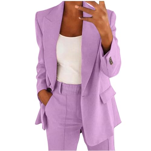 Hosenanzüge für Damen Elegant Blazern Hose Anzuge Set Einfarbig Streetwear Zweiteiler Hosenanzug Business Modern Anzughose Rever Slim Fit Sportlich Büro Outfit Anzugjacke Sommer (02-Purple, M) von Generisch