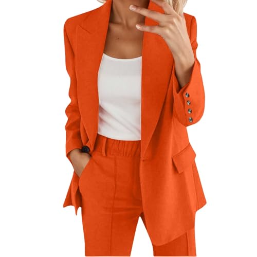Hosenanzüge für Damen Elegant Blazern Hose Anzuge Set Einfarbig Streetwear Zweiteiler Hosenanzug Business Modern Anzughose Rever Slim Fit Sportlich Büro Outfit Anzugjacke Sommer (04-Orange, L) von Generisch