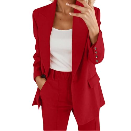 Hosenanzüge für Damen Elegant Blazern Hose Anzuge Set Einfarbig Streetwear Zweiteiler Hosenanzug Business Modern Anzughose Rever Slim Fit Sportlich Büro Outfit Anzugjacke Sommer (04-Red, XL) von Generisch