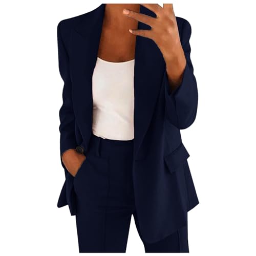 Hosenanzüge für Damen Elegant Blazern Hose Anzuge Set Einfarbig Streetwear Zweiteiler Hosenanzug Business Modern Anzughose Rever Slim Fit Sportlich Büro Outfit Anzugjacke Sommer (05-Dark Blue, M) von Generisch