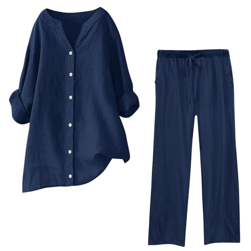 Hosenanzug Damen, Musselin Set Damen Sommer Baumwolle Zweiteiler Leinen Kurzarm Top und Lang Weit Bein Hose Set Einfarbig Freizeitanzug 2 Teiler Set Musselin Leinenanzug Große Größen Leinen Set von Generisch