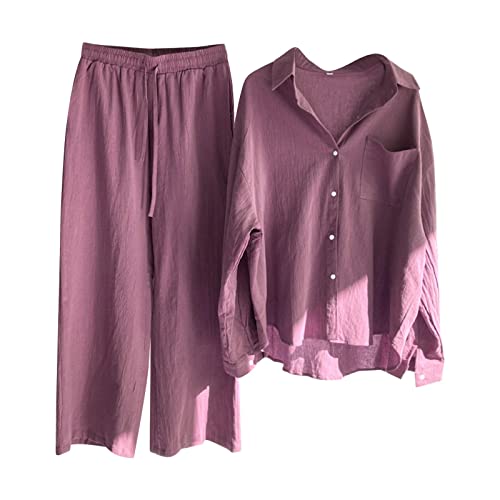 Hosenanzug Damen, Musselin Set Damen Sommer Baumwolle Zweiteiler Leinen Kurzarm Top und Lang Weit Bein Hose Set Einfarbig Freizeitanzug 2 Teiler Set Musselin Leinenanzug Große Größen Leinen Set Damen von Generisch