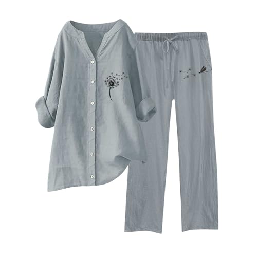 Hosenanzug Damen, Musselin Set Damen Sommer Baumwolle Zweiteiler Leinen Kurzarm Top und Lang Weit Bein Hose Set Einfarbig Freizeitanzug 2 Teiler Set Musselin Leinenanzug Große Größen Leinen Set Damen von Generisch