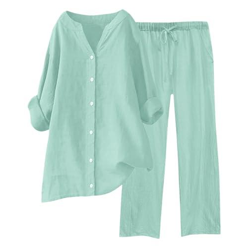 Hosenanzug Damen, Musselin Set Damen Sommer Baumwolle Zweiteiler Leinen Kurzarm Top und Lang Weit Bein Hose Set Einfarbig Freizeitanzug 2 Teiler Set Musselin Leinenanzug Große Größen Leinen Set Damen von Generisch