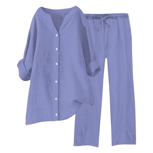 Hosenanzug Damen, Musselin Set Damen Sommer Baumwolle Zweiteiler Leinen Kurzarm Top und Lang Weit Bein Hose Set Einfarbig Freizeitanzug 2 Teiler Set Musselin Leinenanzug Große Größen Leinen Set Damen von Generisch