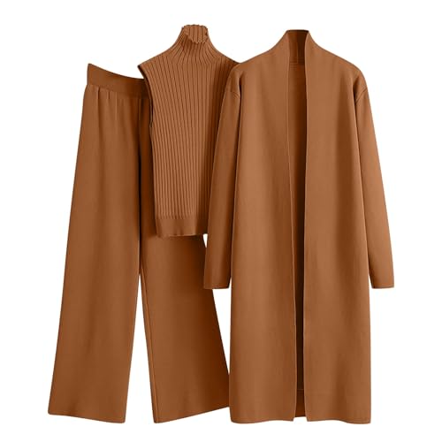 Generisch Damen Hosenanzug 3 Teiler mit Weste Strickanzug Elegant Festlich Hochzeit Hausanzug Kuschelig Einfarbig Zuhause Strick Outfit Inkl. Hose, Longstrickjacke & Weste von Generisch