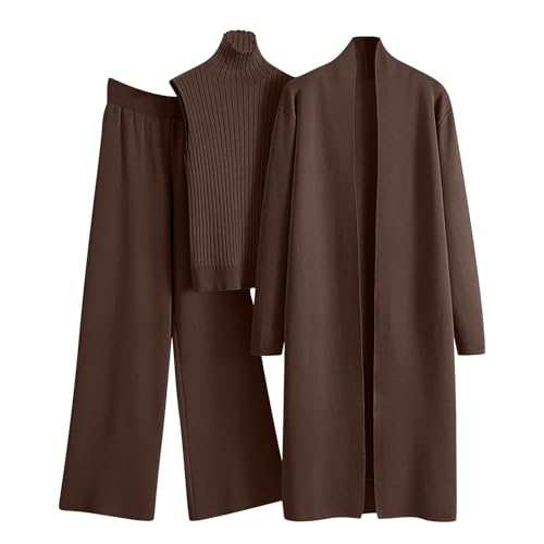 Hosenanzug Damen 3 Teiler mit Weste Strickanzug Damen Set 3 Teilig Anzug Damen Elegant Festlich Hochzeit Hausanzug Kuschelig Einfarbig Zuhause Strick Outfit Inkl. Hose, Longstrickjacke & Weste von Generisch