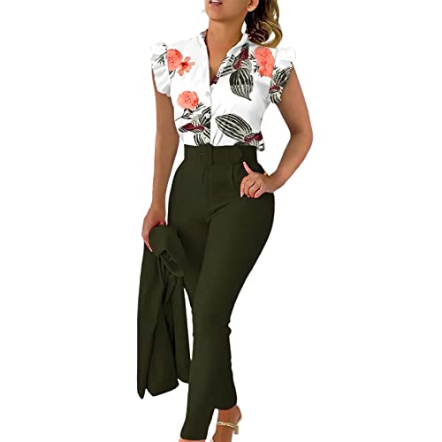 Hosenanzug Damen Anzug Damen Elegant 3 Teiler Sommer Drucken Rüschenärmel Hemd Bluse Und Hosen Und Gürtel Set Bussiness Outfit Hosenanzug Slim Fit Streetwear Anzüge Kombi Zweiteiler Frauen Elegant von Generisch