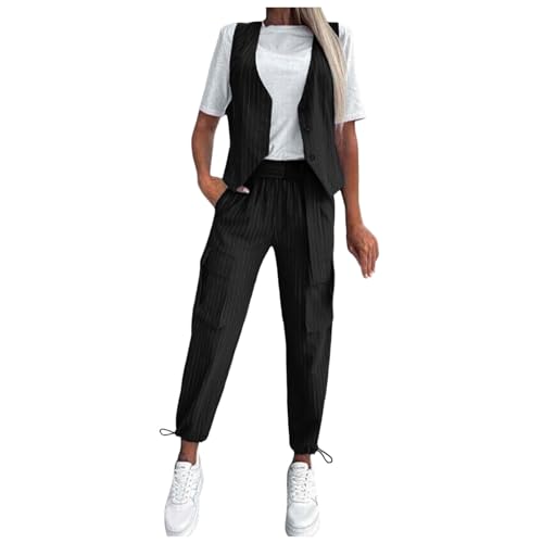 Hosenanzug Damen Schwarz Business 2 Teiler Gestreiftes Blazer Weste Und Hose Jogger Anzug Set Sommer Outfits Zweiteiler Freizeitanzug Two Piece Jogginganzug Loungewear Casual Clothes von Generisch