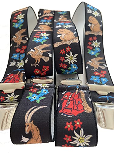 Hosenträge STEINBOCK EDELWEISS ENZIAN ADLER MURMELTIER JÄGER WANDERER ALPINIST AUSTRIA - ÖSTERREICH 35mm in H-Form mit 4 extra starken Clips/Murmeltier Schwarz ST-001 von EDERER