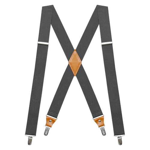 Hosenträger Herren Extra Stark Breit 35mm mit Sehr Starken 4 Metall Clips Einstellbar Elastische Hosenträger für Herren Einheitsgröße für Arbeitshose Motorrad Hosen Männer Damen X Form Dunkelgrau von Generisch