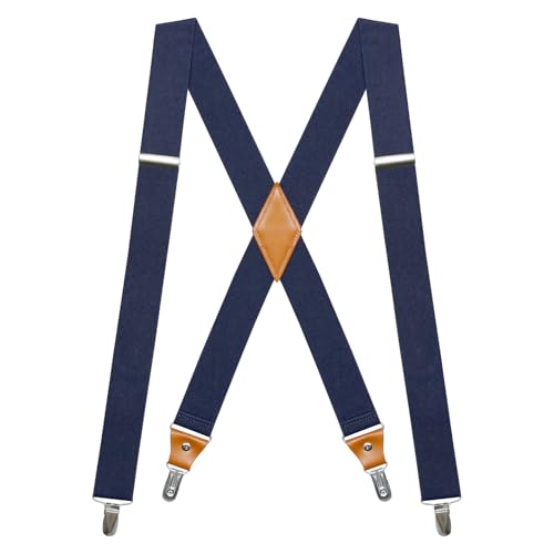 Hosenträger Herren Extra Stark Breit 35mm mit Sehr Starken 4 Metall Clips Einstellbar Elastische Hosenträger für Herren Einheitsgröße für Arbeitshose Motorrad Hosen Männer Damen X Form Dunkelblau von Generisch