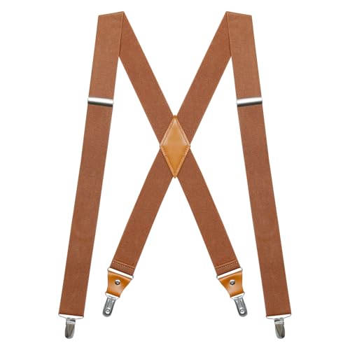 Hosenträger Herren Extra Stark Breit 35mm mit Sehr Starken 4 Metall Clips Einstellbar Elastische Hosenträger für Herren Einheitsgröße für Arbeitshose Motorrad Hosen Männer Damen X Form Braun von Generisch