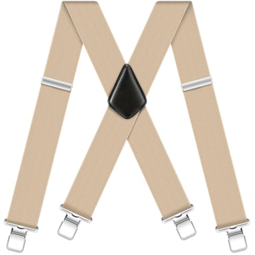 Hosenträger Herren Extra Stark Breit 5cm Elastisch Verstellbar Hosenträger für Herren mit Sehr Starken 4 Metall Clip X-form Einstellbar Suspenders (Khaki, Einheitsgröße) von Generisch