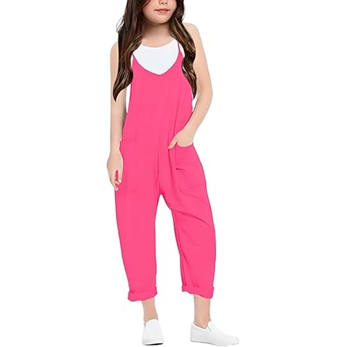 Hot Rosa Latzhose Kinder Mädchen 140 Einfarbig Overall Sommer Jumpsuit Lang Weites Bein Trägerhose Lässige Strampler Ärmellos Romper V-Ausschnitt Sommeroveralls Freizeithose Playsuit Mit Taschen von Generisch