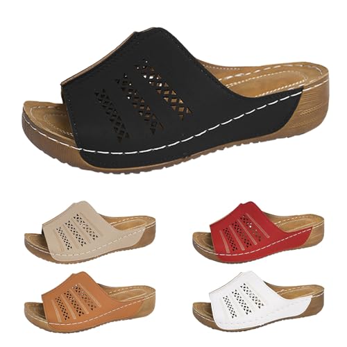 House Slippers Women Summer, Sommer Hausschuhe Damen Rutschfest Mit Kork-Fußbett Freizeitschuhe Slip On Keilschuhe Peep Toe Clogs Bequem Slider Boho Sommerschuhe Offene Schuhe Walking Schuhe von Generisch