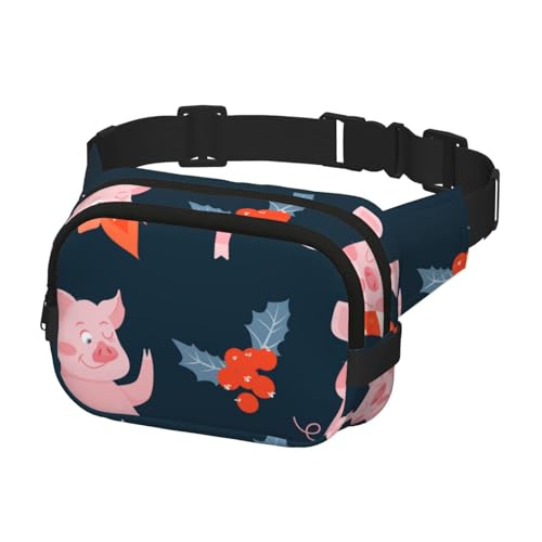 Hüftgürteltasche für Damen und Herren, Bauchtasche für Reisen, Laufen, Gürteltasche, Bauchtasche, Weihnachten, niedliche Schweine, Weihnachtsstern, Stechpalmenblätter und Lutscher von Generisch