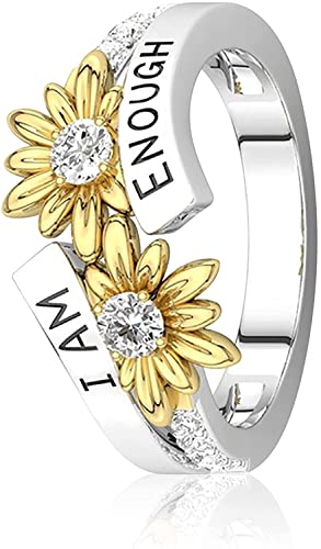 I AM E-NOUGH Sonnenblumen-Ringe für Damen, Buchstaben, Schnitzerei, Blume, Versprechenring, exquisit, glänzend, simulierte Diamantbänder, zweifarbig, Gänseblümchen, Freundschaftsschmuck, Geschenk von Generisch