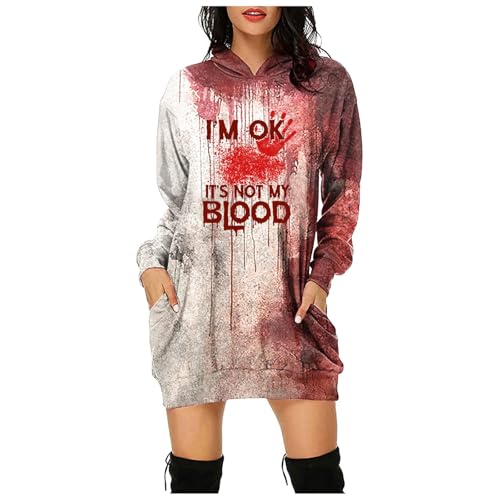 I´m Fine Halloween Kostüm Damen Kleid Übergröße blutigen Aufdruck Langarm Gruselige Kostüm Winter Grosse Grössen Hoodie Crewneck Winterpullover Sweat Blusen Hoodie Crewneck Winterpullover Blusen von Generisch