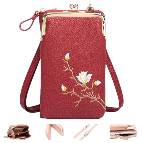 Indefinitet Women Sling Cross-Body Wallet with Mobile Cell Phone Holder, Separate Zipper Pocket Crossbody Bag for Women Travel (wine red) von Generisch