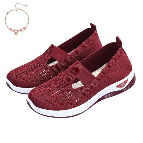 Inspireuplift Shoes for Women, Summer Breathable Non-Slip Soft Sole Elderly Shoes, Women Casual Orthopedic Walking Flats (Maroon,37) von Generisch