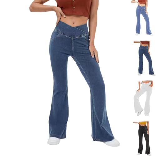 Instrumentaniuu Stretchy Jeans High Waist Crossover Probablei V Cross Bauchkontrolle Schlaghose Casual Jeans mit Taschen, dunkelblau, 4XL von Generisch