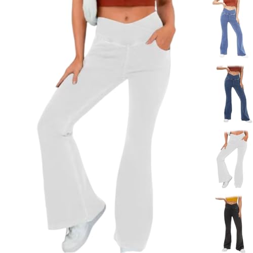 Instrumentaniuu Stretchy Jeans High Waist Crossover Probablei V Cross Bauchkontrolle Schlaghose Casual Jeans mit Taschen, weiß, L von Generisch