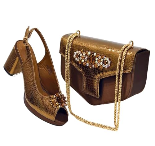 Italian Open Toe Damen Heels mit Strass Braun Schuhe und passende Tasche Set für Party Hochzeit, braun, 43.5 EU von Generisch