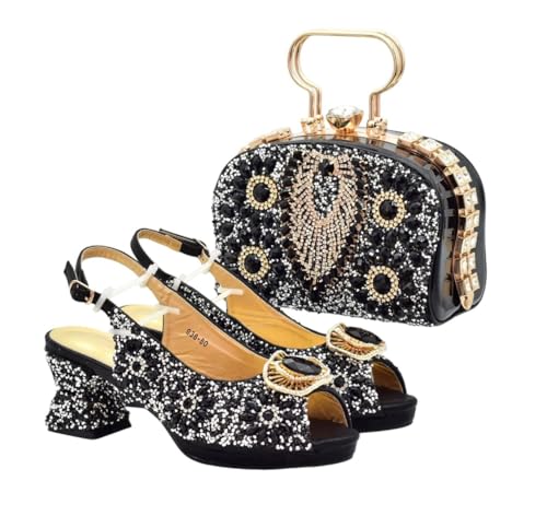 Italienische Damenschuhe mit Keilabsatz und Tasche, Set mit Strass verzierte Absätze mit passender Handtasche für nigerianische Partys, Schwarz , 40.5 EU von Generisch