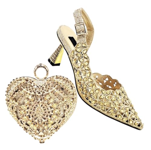 Italienische Mode Damen Schuhe und Tasche Set 2025 Nigerianischer Stil Heels mit passender Handtasche, gold, 42 EU von Generisch
