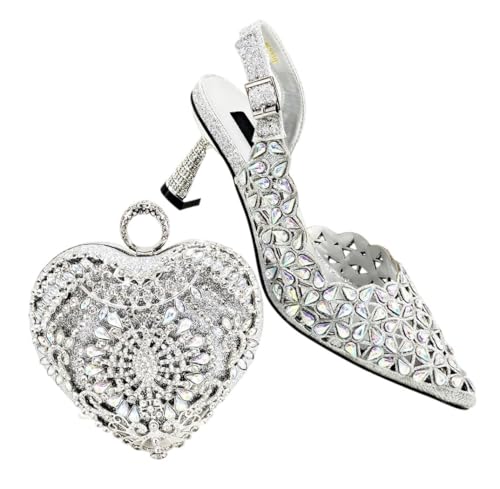 Italienische Mode Damen Schuhe und Tasche Set 2025 Nigerianischer Stil Heels mit passender Handtasche, silber, 41.5 EU von Generisch