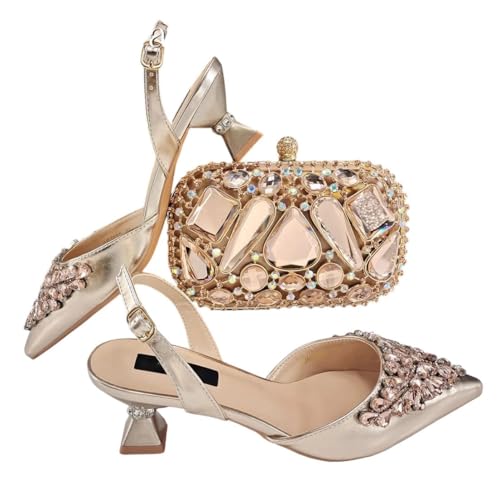 Italienisches Hochzeitsschuh- und Taschen-Set, Strassverzierung, Designer-High Heels und passende Handtasche für Damen, champagnerfarben, 41 EU von Generisch