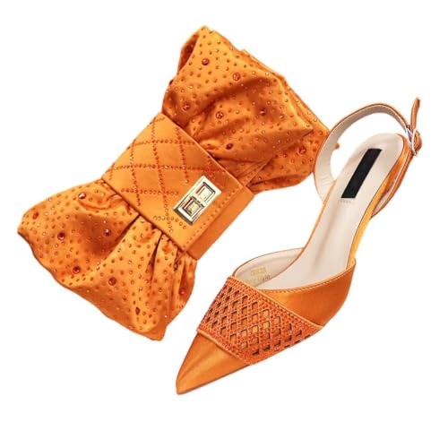 Italienisches Schuh- und Taschen-Set für Damen, Strass, spitzer Zehenbereich, mit passender Handtasche, für Bräute, Hochzeiten, Orange, 41.5 EU von Generisch